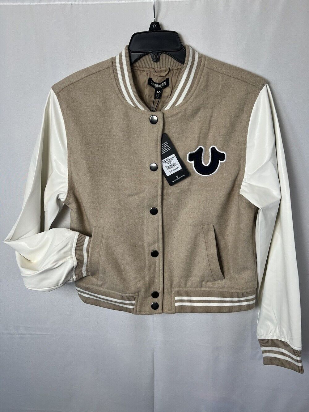 True Religion NWT Womens Tan & White True Varsity Jacket Size Large
